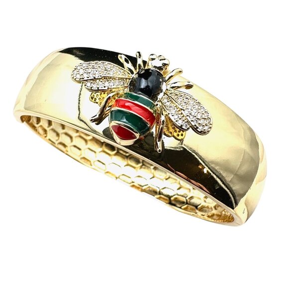 Bee Bracelet Clear Crystal Red Green Enamel Gold Plated Hinged Bangle 7 Inch - Picture 5 of 6